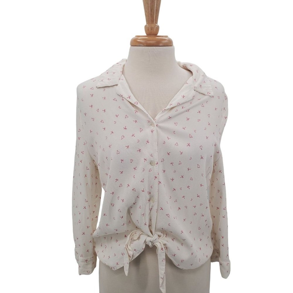 Lauren Conrad Womens Long Sleeve Button Up Blouse XL Tie Front Stars Moons